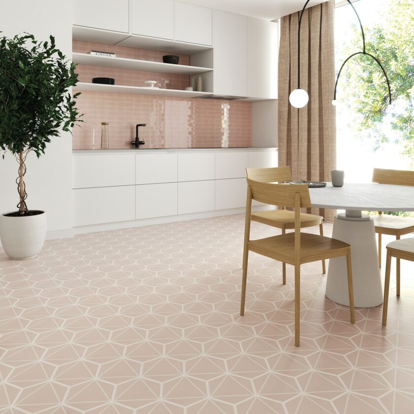 Geometric hexagon tile pink with white triangle