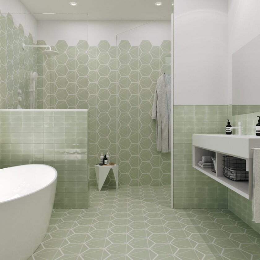 Geometric hexagon tile mint green with white triangle