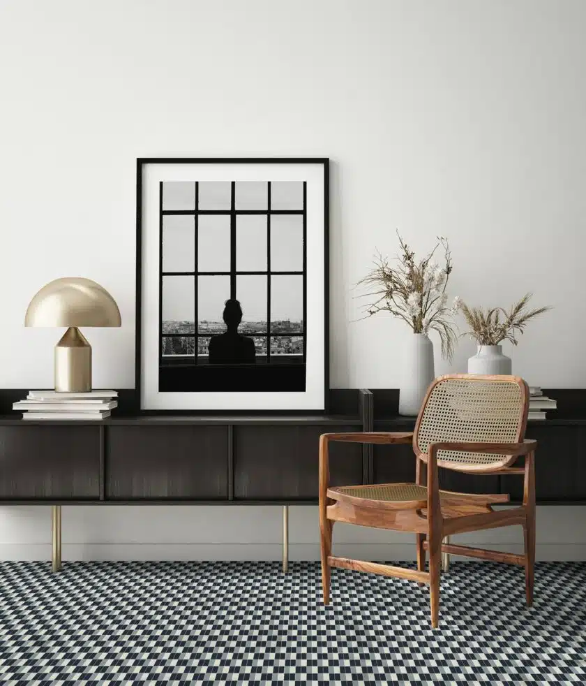 mock up poster frame in modern interior background, living room, Scandinavian style, 3D render, 3D illustration