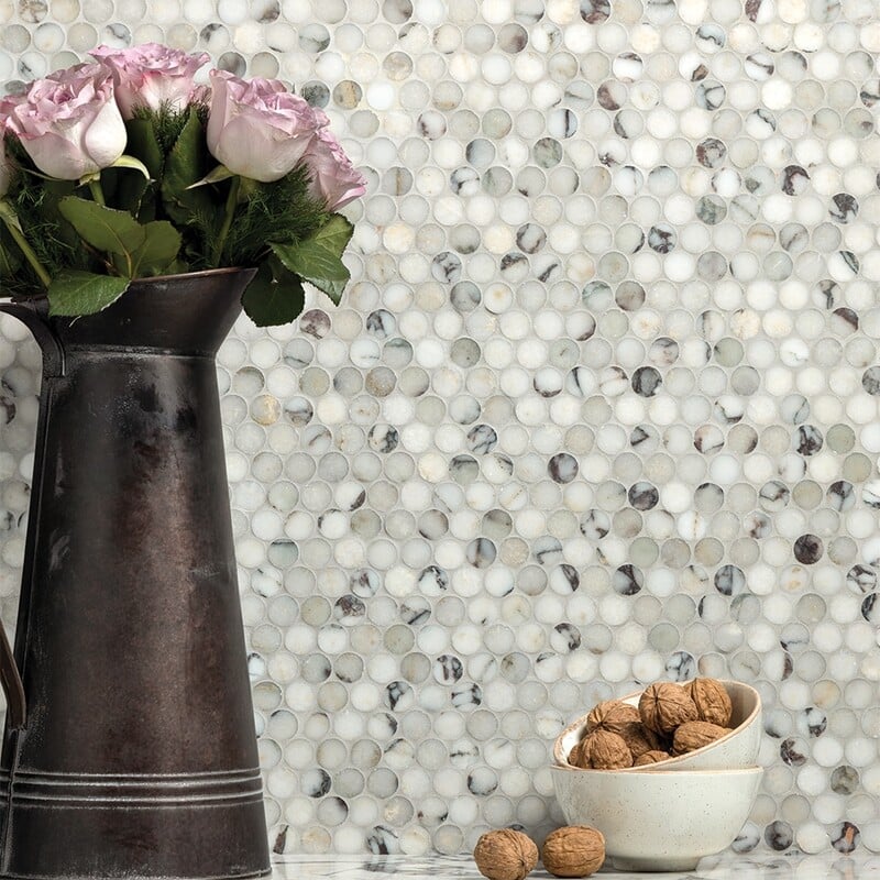 Calacatta Viola Pennyround mosaic styled